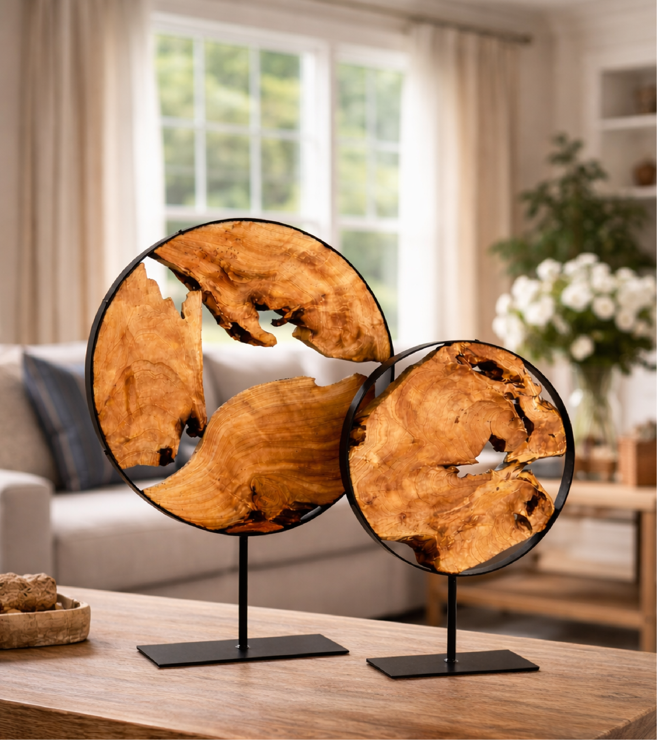 Cedar Wood Sculpture- Organic Slice Decor on Metal Stand