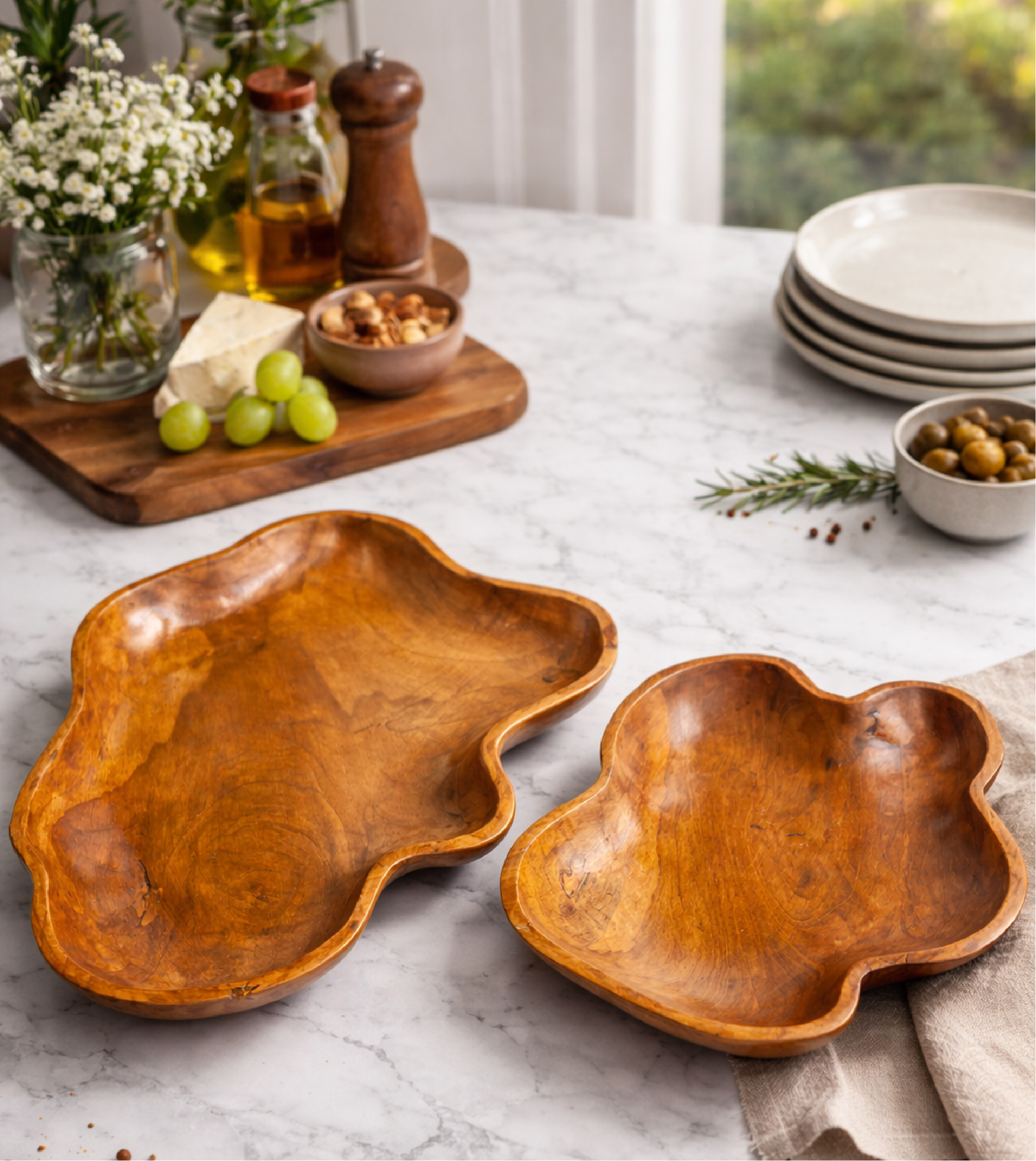 Teak Wood Serving Tray – Organic Shape Bowl Set