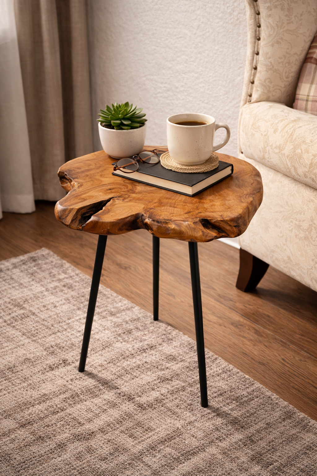 Cedar Side Table – Organic Shape with Black Metal Legs
