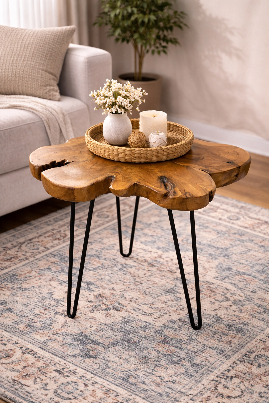 Teak Side Table – Organic Shape with Black Metal Legs